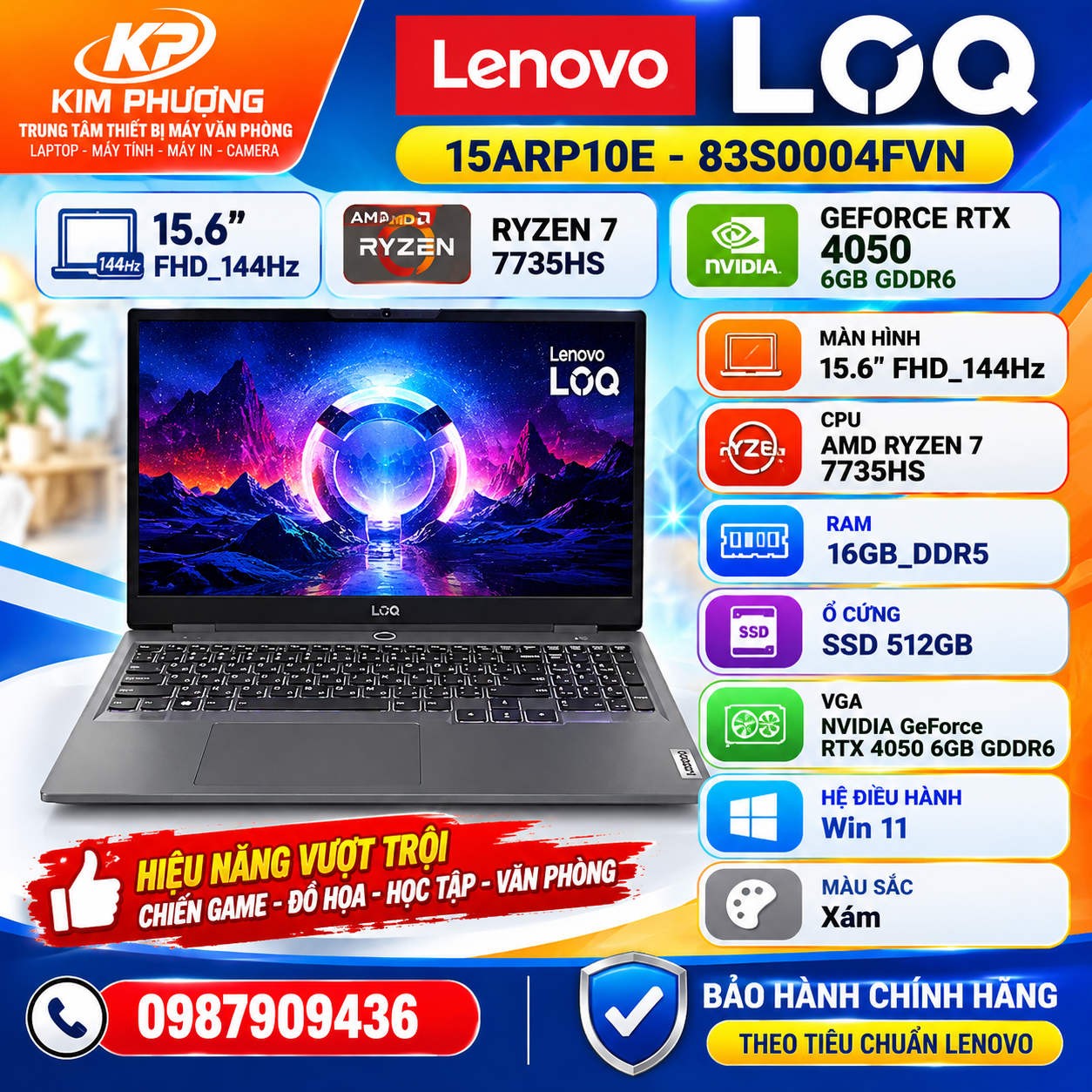 Lenovo LOQ - 15ARP10E - 15.6" FHD_144Hz, AMD RYZEN 7_7735HS, 16GB_DDR5, SSD_512GB, NVIDIA GeForce RTX 4050 6GB GDDR6, Win 11